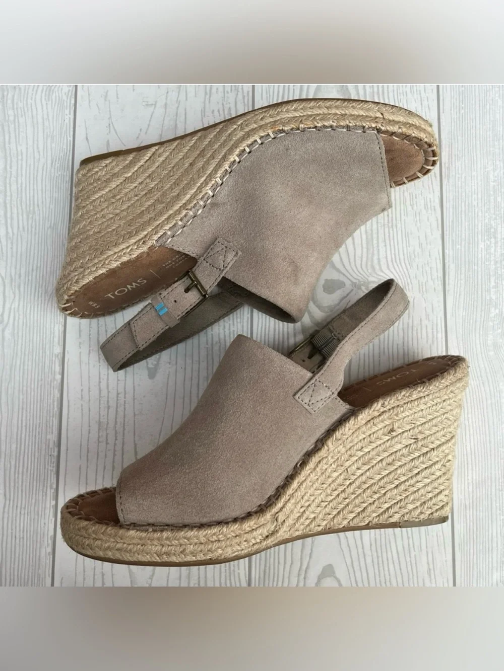 TOMS Monica Wedge Espadrille Sandals Desert Taupe Suede Size 9.5 M